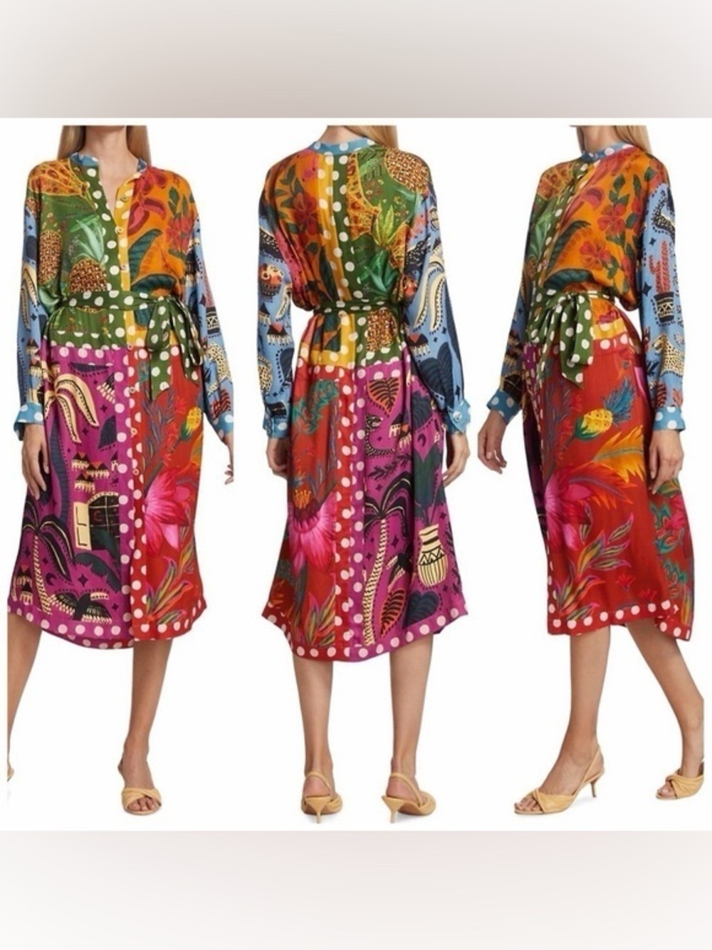 FARM RIO earth rainbow silky shirtdress NWT